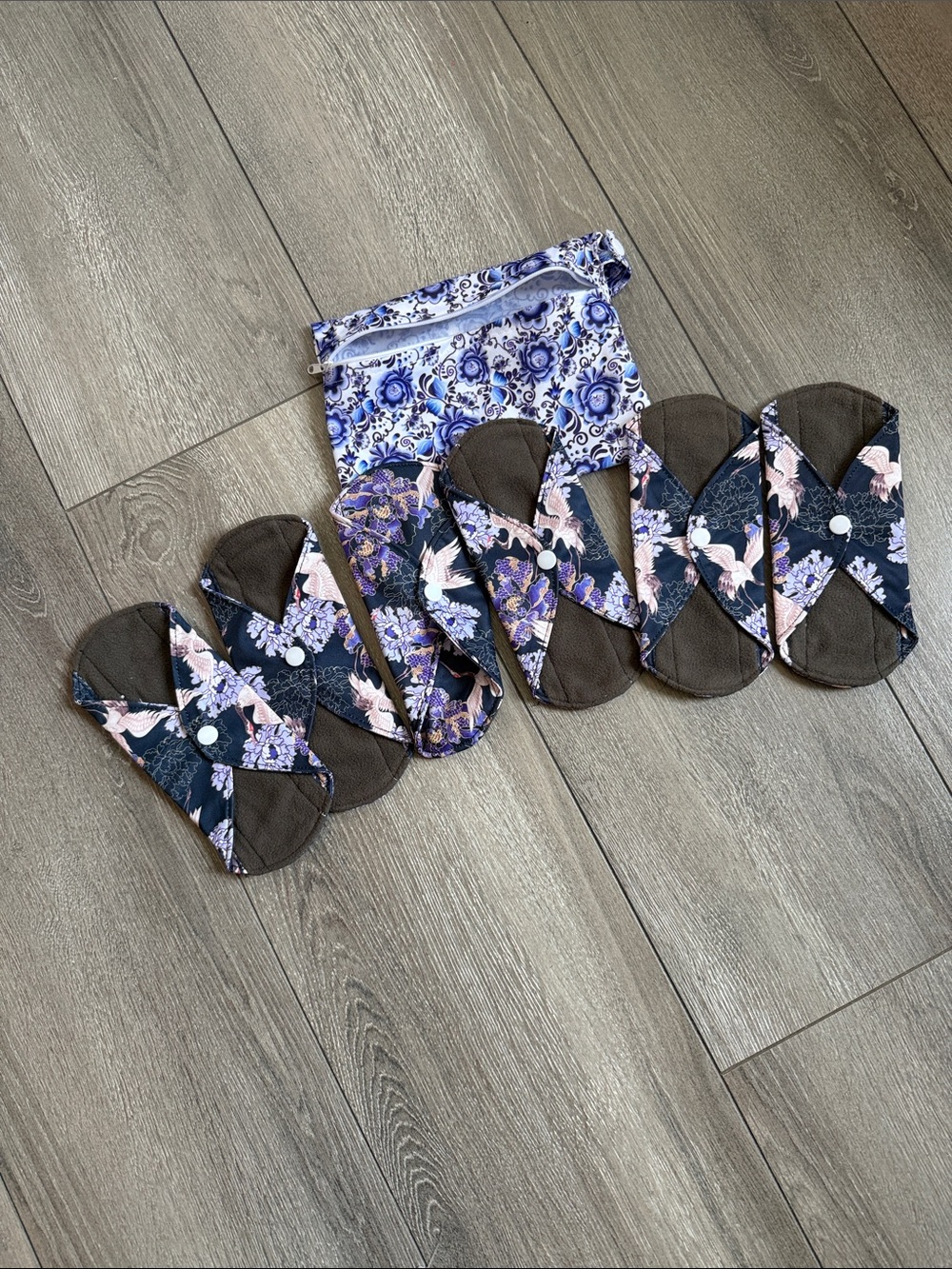 Reusable Dark Brown & Floral  Cloth Pads - Set with Carry Pouch 6 pk